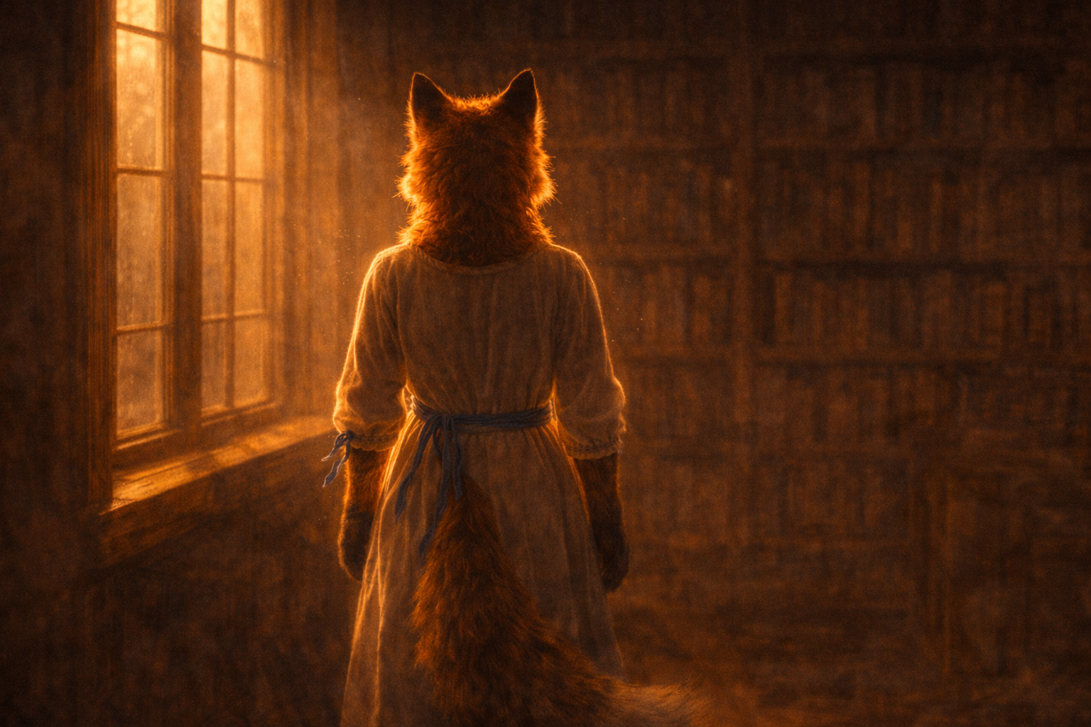 Golden hour light at a library window — language as landscape, the window to everything kept